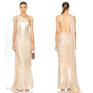 RETROFETE Shannon One Shoulder Ruched Draped Metallic Gold Maxi Dress Sz XS